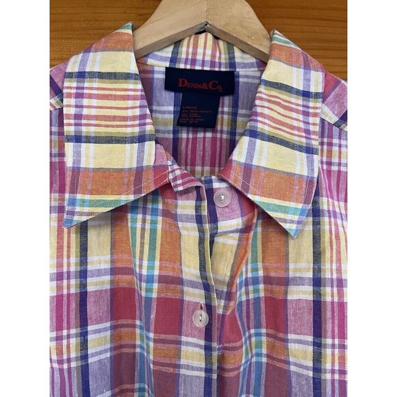 Womens Large Sleeveless Multicolor Plaid Shirt Button Up Colorful Denim & Co Top - Picture 2 of 3